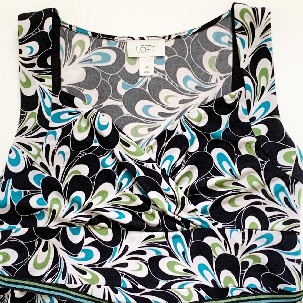 LOFT Dress Brown Blue Green Floral Sleeveless Ribbon Belted Dress Size 6 - Picture 13 of 15